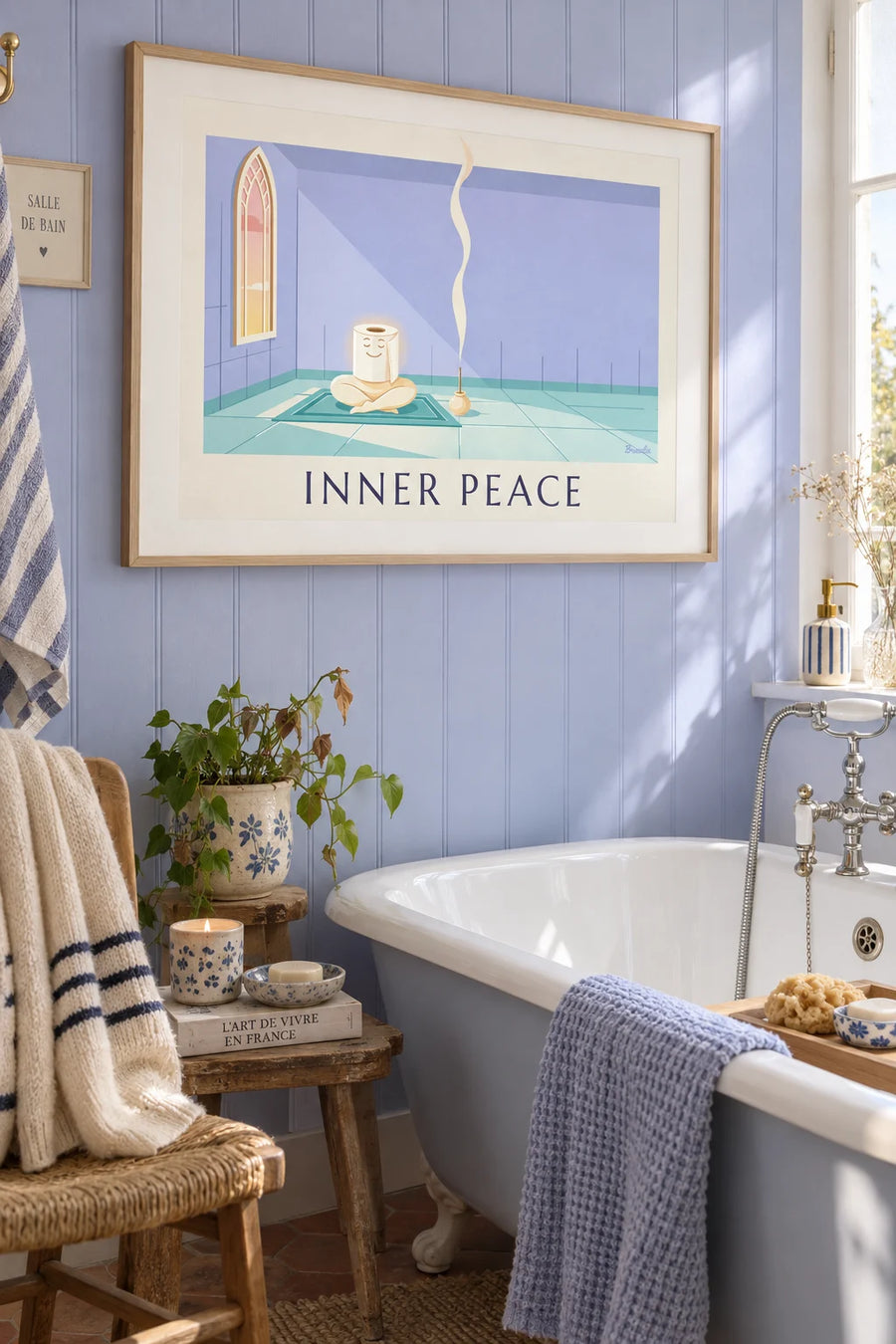 Affiche rouleau de papier toilette en méditation zen : encadrée au mur