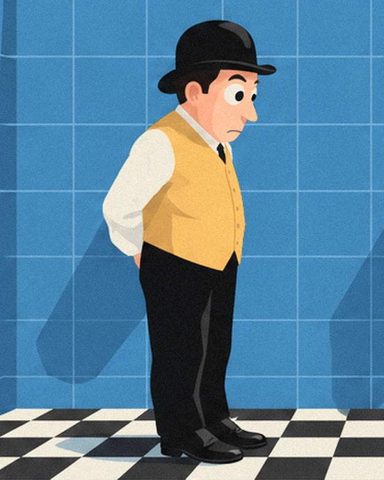 Le monsieur au chapeau melon, en gilet jaune et pantalon noir dans les WC