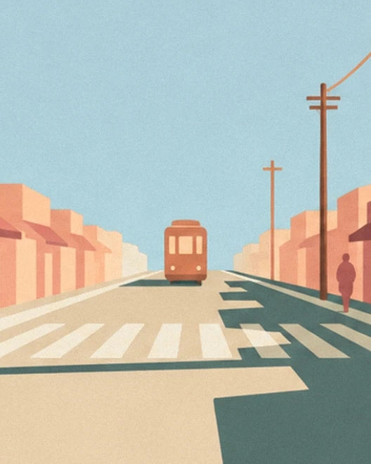 An orange tram at the end of the street, between pastel façades and electricity poles