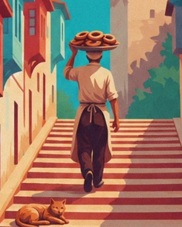 A vendor carrying a tray of bread rings, with a ginger cat on the steps