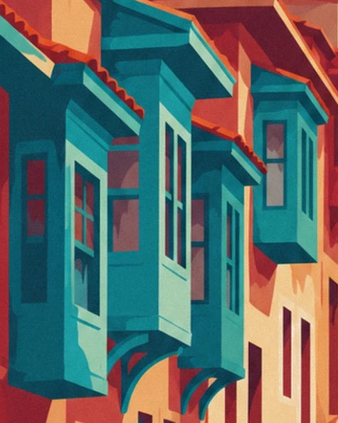 The turquoise bay windows on the ochre and orange façades of Galata