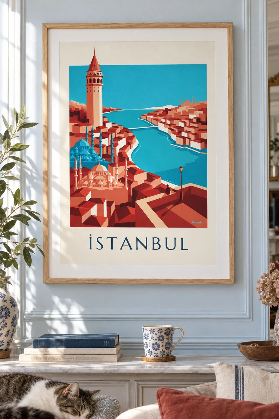 Affiche carte géométrique de la ville d'Istanbul et ses monuments : encadrée au mur