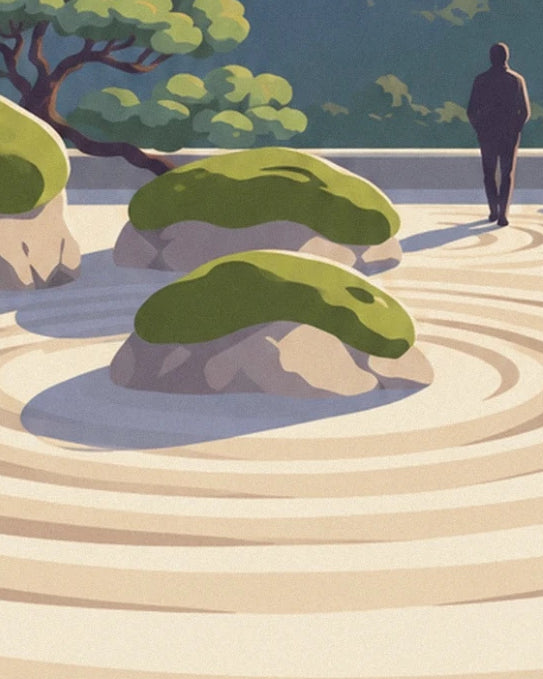 Des rochers couverts de mousse parmi les sillons du sable, près d'une silhouette