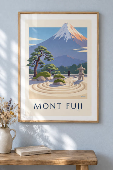 Póster de jardín zen japonés frente al monte Fuji: enmarcado en la pared