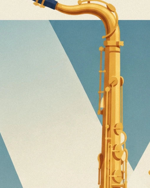 The curved neck and keys of the golden saxophone against a blue and cream geometric background