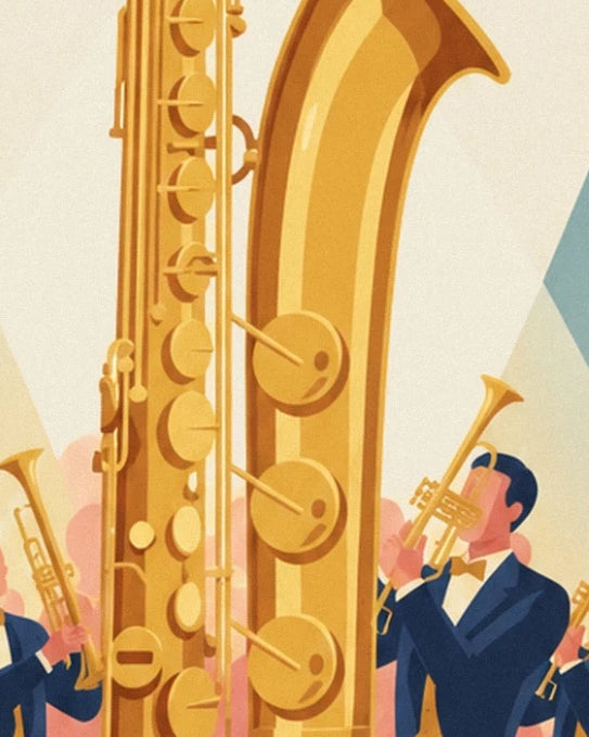 The large keys of the golden saxophone in front of the trumpeters in blue suits