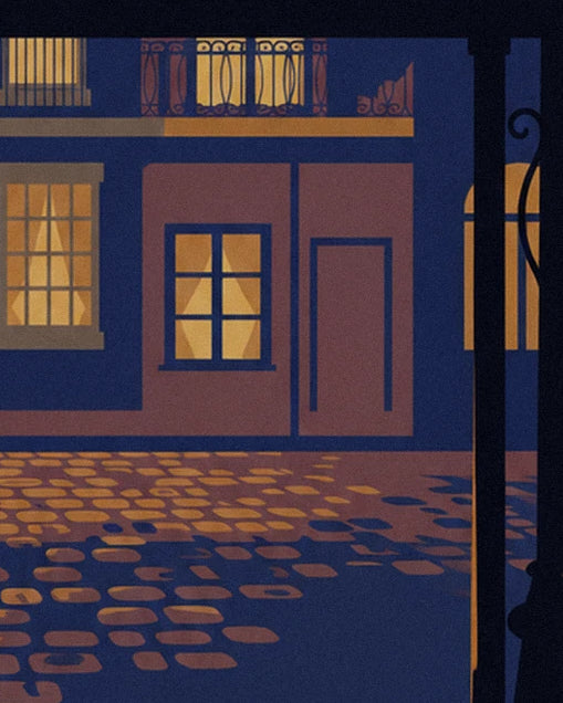 The lit windows and golden cobbles of the square, beneath the balcony