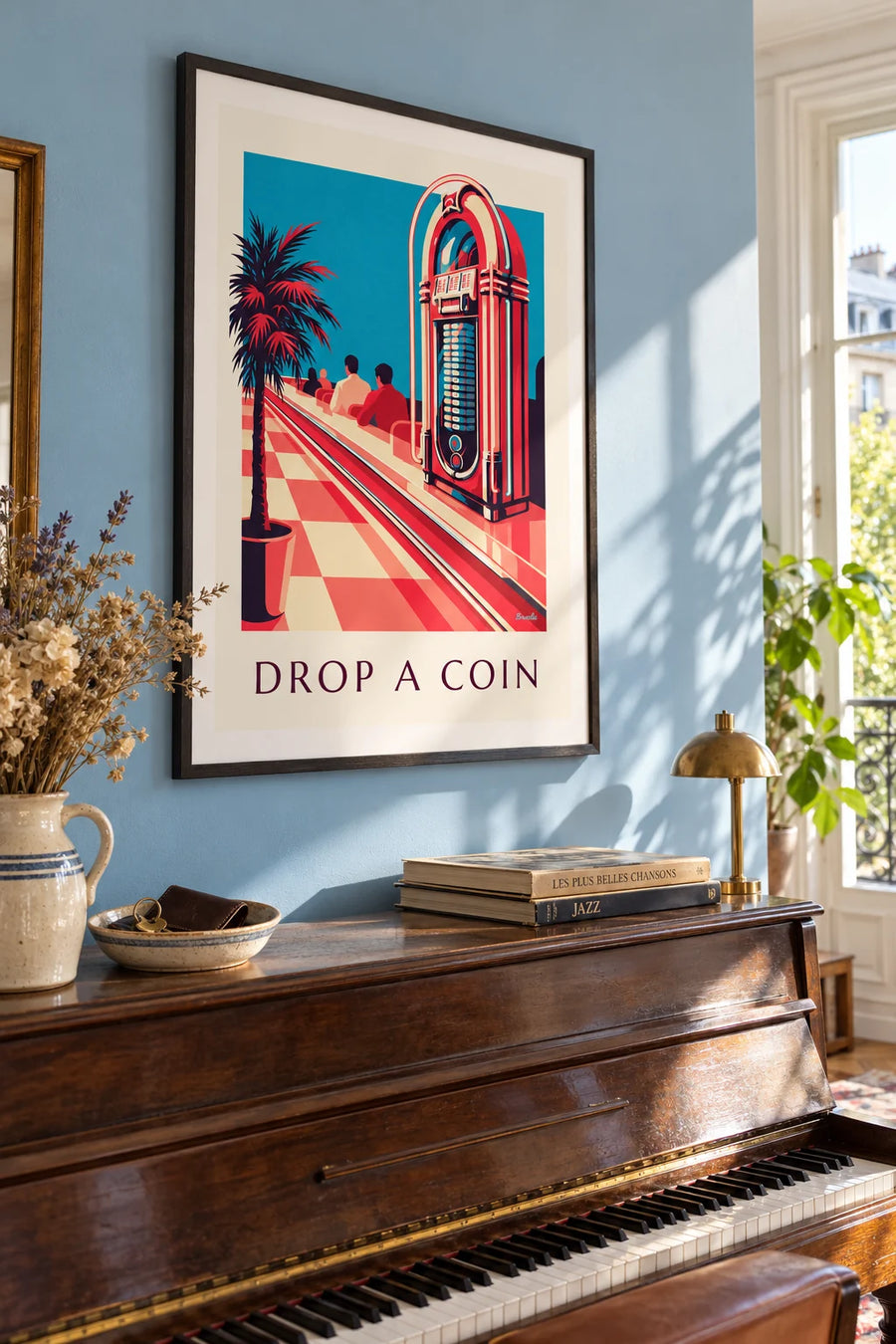 Affiche jukebox coloré aux néons dans un diner : encadrée au mur