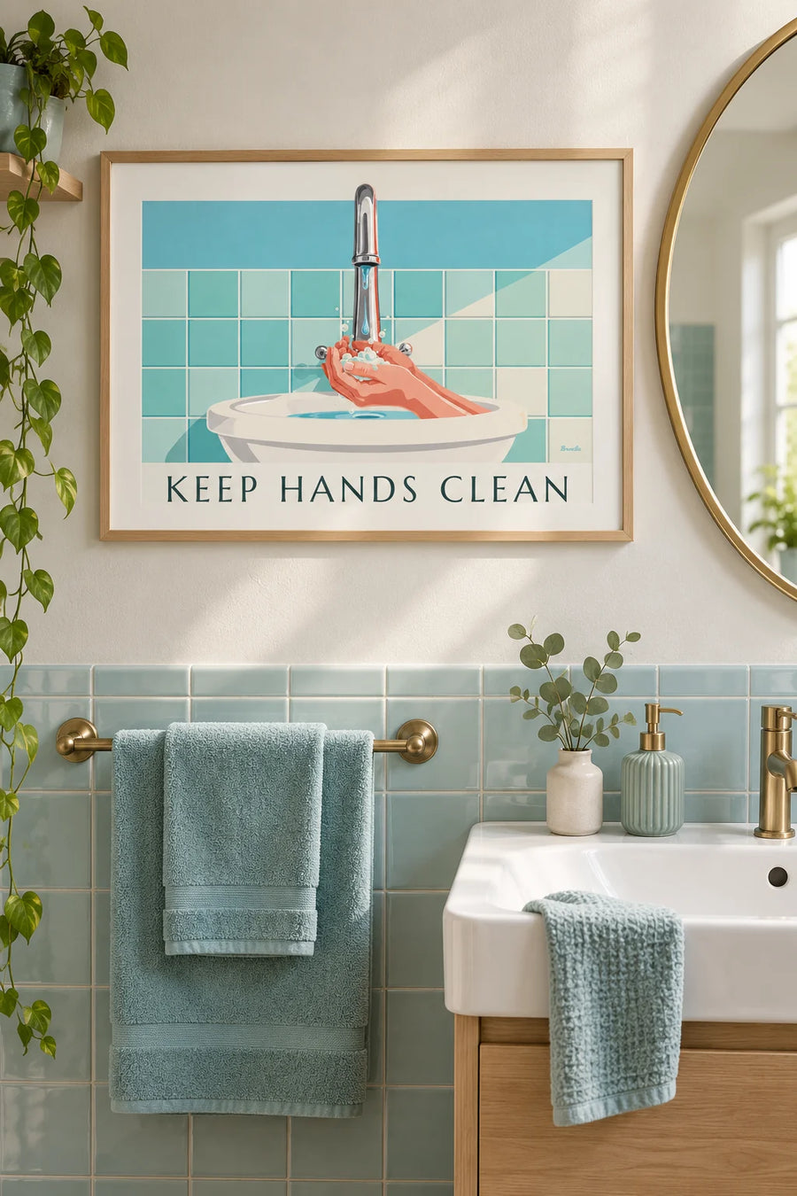 Póster «Keep hands clean» para el lavado de manos: enmarcado en la pared