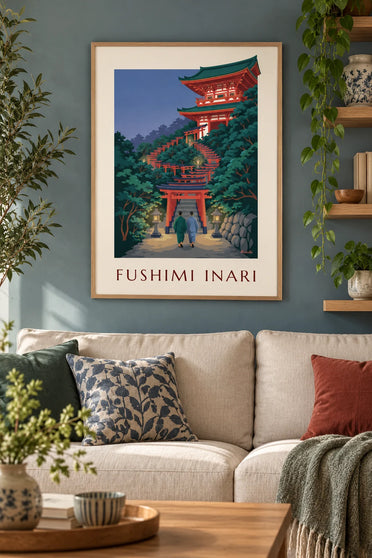 Póster del camino de torii de Fushimi Inari en Kioto: lámina enmarcada en la pared