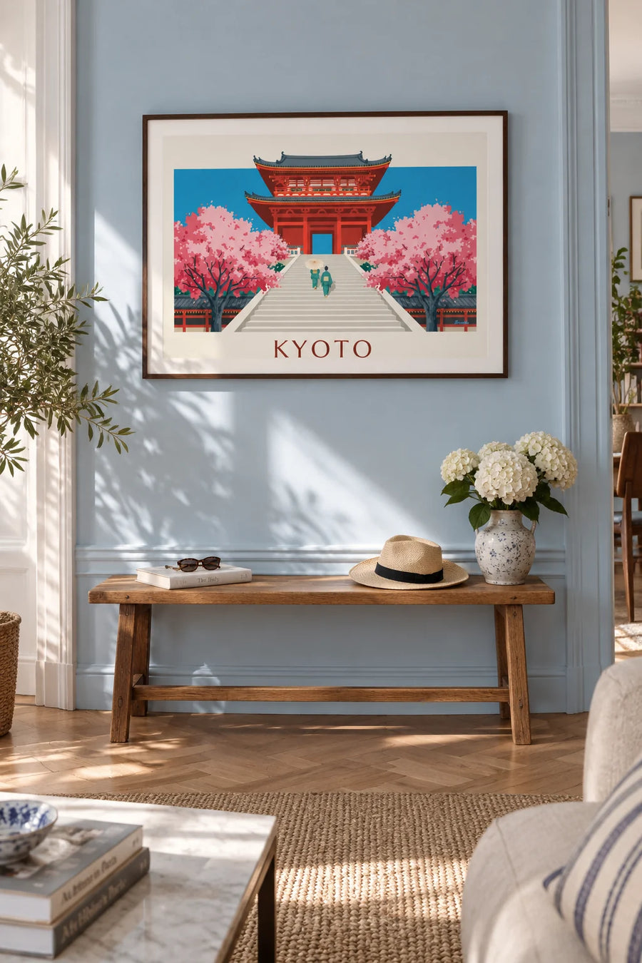 Poster of the vermilion gate of Kiyomizu-dera and cherry trees in Kyoto: framed on the wall