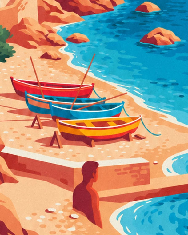 The 4 red, blue and yellow boats resting on the sand, beside the turquoise water