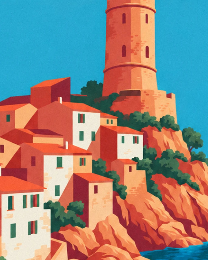 The Genoese tower overlooking the white houses with orange roofs, on the reddish rock cliff