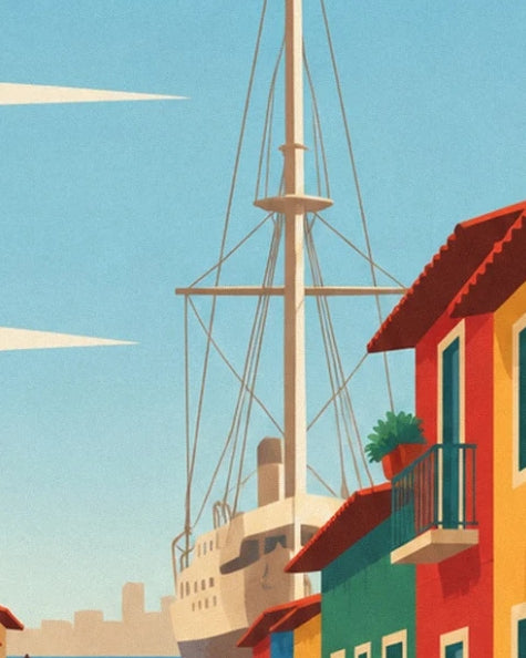 The mast and rigging of a boat behind the colourful façades of La Boca