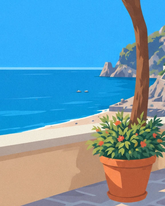 The blue sea seen from the terrace, with the pot of orange flowers at the foot of the trunk