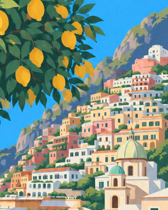 The lemon branches above the pastel village and its green-tiled domes