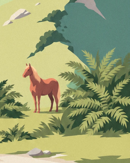 The chestnut horse standing in the grass among the tall ferns