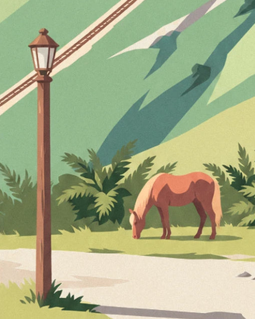 The chestnut horse grazing near a wooden lamppost, beneath the train cable