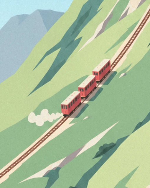 The little red train with 3 carriages climbing the slope, trailing white smoke