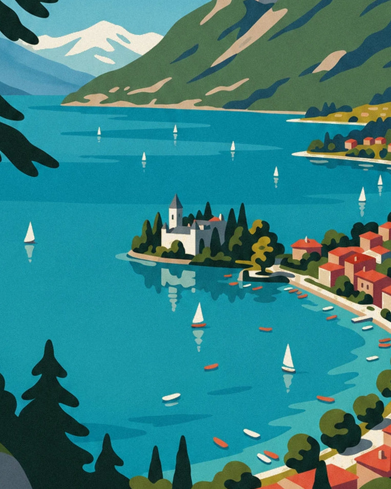 Affiche lac d'Annecy dans les Alpes, voiliers et Tournette : détail en gros plan