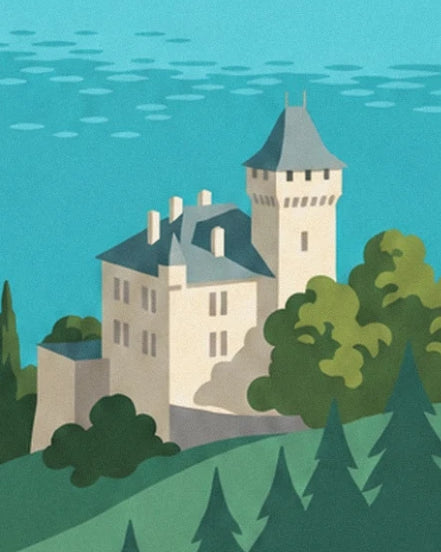 The château with cream façades and slate roofs, between trees and a turquoise lake