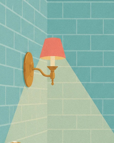 L’applique dorée à abat-jour rouge et son faisceau lumineux sur le carrelage turquoise