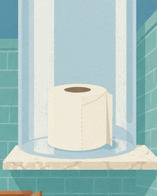 Le rouleau de papier toilette sous sa cloche en verre, sur un socle marbré