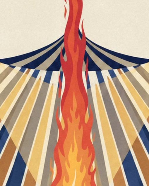 The large orange flame rising towards the blue and gold striped canvas of the big top