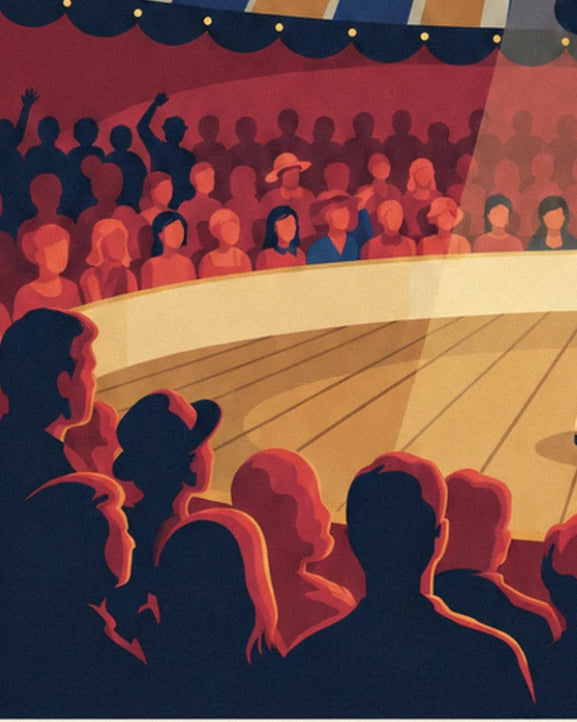 The audience in midnight-blue silhouette in front of the spotlight-lit ring, beneath the big top