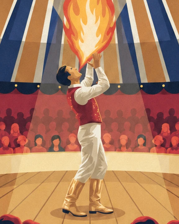 The fire-breather in a red waistcoat and golden boots, beneath the spotlights of the ring