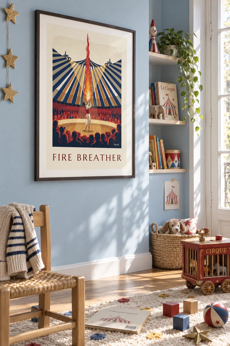 Poster of a fire-breather under the circus big top: framed on the wall