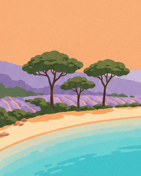 The 3 umbrella pines on the golden sandy beach, with purple hills at sunset