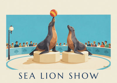 Poster of sea lions juggling balls in the circus ring: the full poster