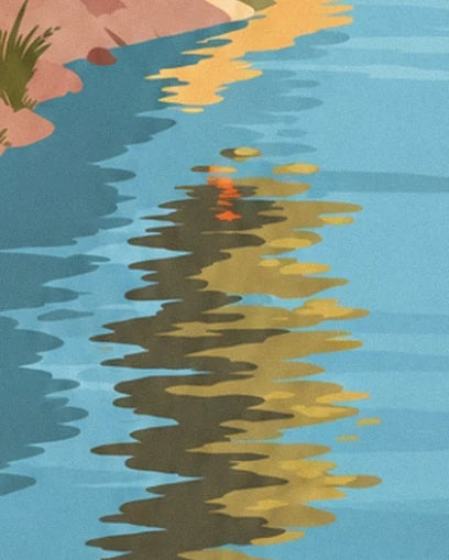 Les reflets jaunes, orangés et vert sombre ondulant sur l’eau bleue du Rhône