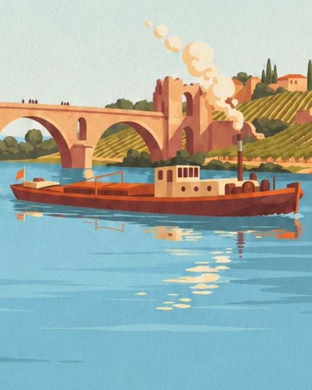 La péniche rouge et sa cheminée fumante sur le Rhône, devant le pont d’Avignon