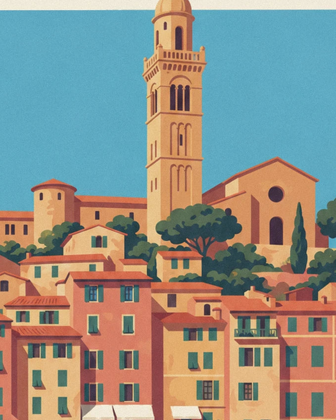 The ochre bell tower rising above pink and ochre façades with green shutters, beneath a blue sky
