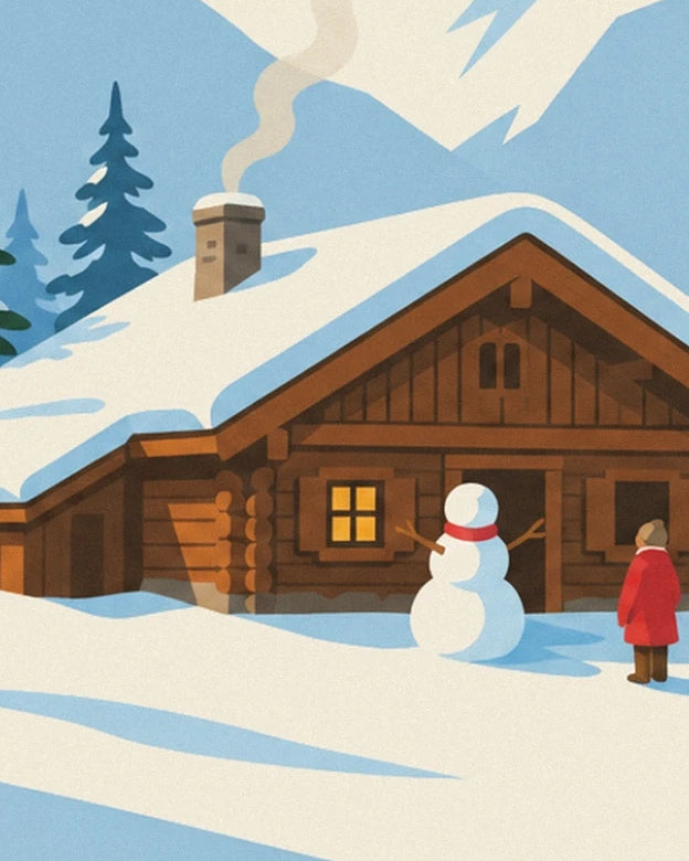 Le chalet en bois sous la neige, son bonhomme à écharpe rouge et un personnage en manteau rouge