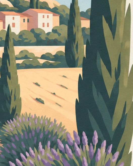 Un grand cyprès sombre devant la bastide, avec des lavandes en fleur