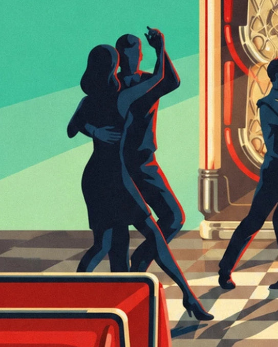 Le couple de danseurs aux silhouettes bleu nuit devant le jukebox et les banquettes rouges