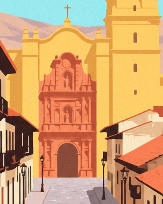 La façade jaune de la basilique San Francisco et son portail sculpté aux tons corail