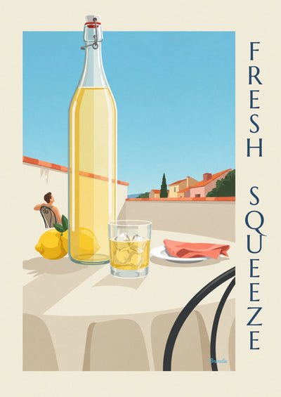 Póster de botella de limonada artesanal en una terraza al sol: el póster completo