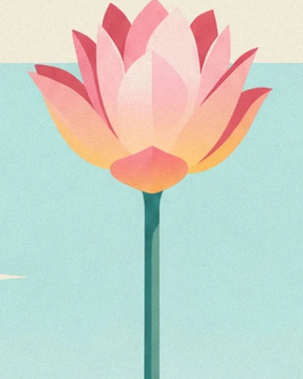 Une fleur de lotus aux pétales roses et jaune pâle sur une longue tige verte