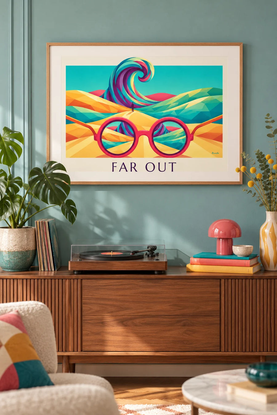 Póster gafas de sol psicodélicas y paisaje cósmico: enmarcado en la pared