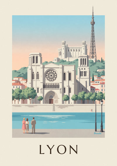 Póster catedral de San Juan y muelles del Saona en Lyon: el póster completo