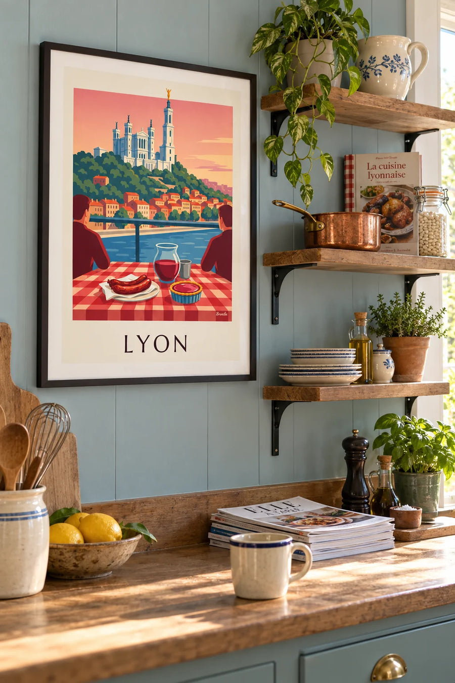 Póster de bouchon lyonnais frente al Saona y Fourvière: enmarcado en la pared