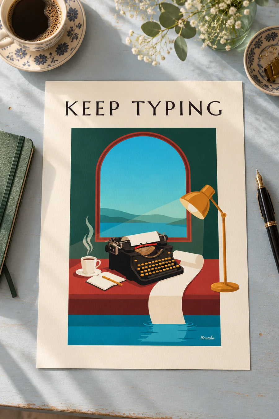 Poster of a black typewriter on a wooden desk: resting on a table