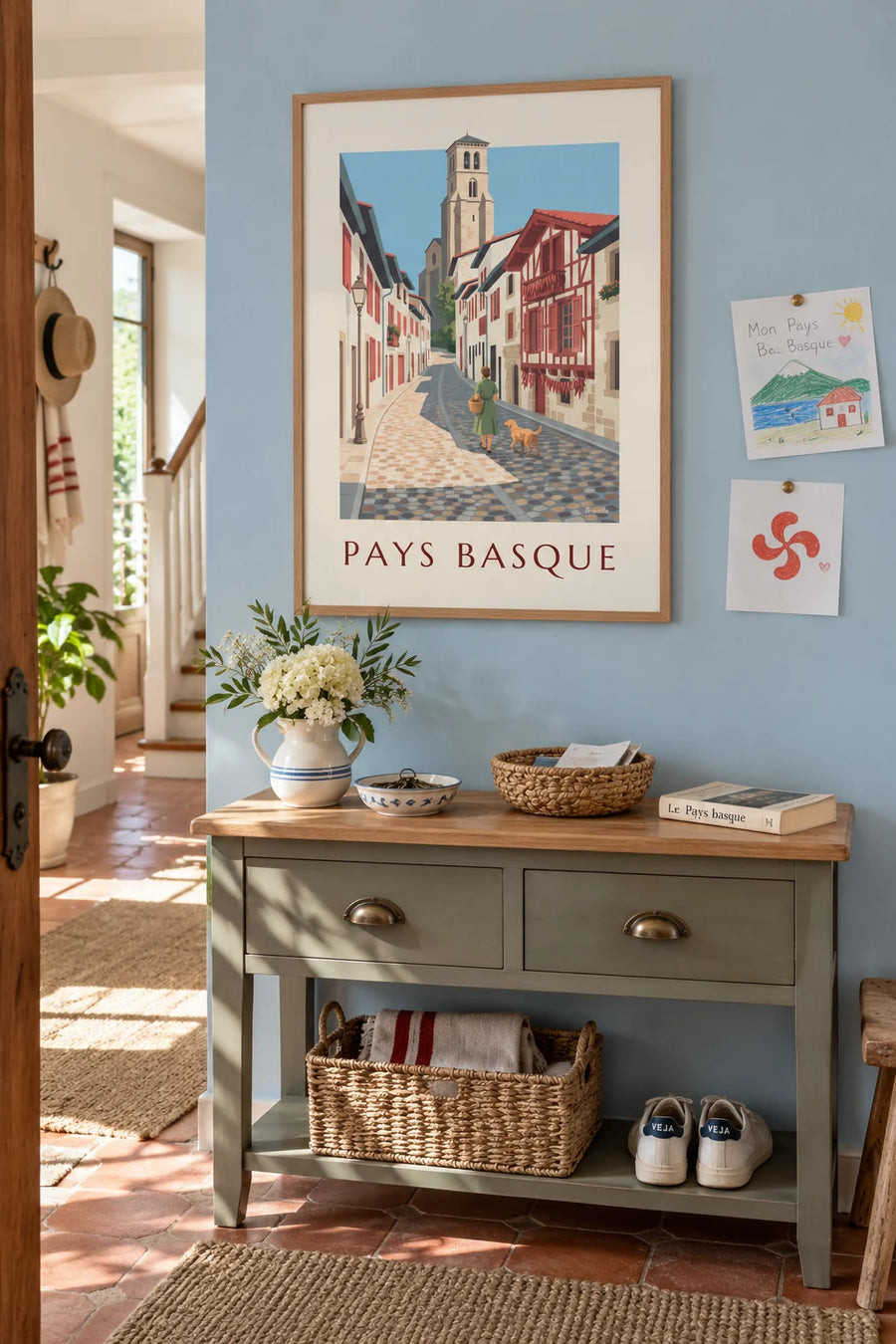 Poster of a traditional half-timbered Basque house in Ainhoa: framed on the wall