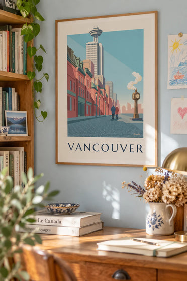 Póster del reloj de vapor de Gastown en Vancouver: enmarcado en la pared
