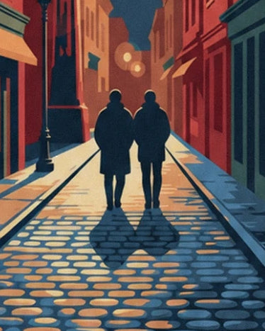 The 2 dark figures and their long shadows on Gastown’s golden cobbles