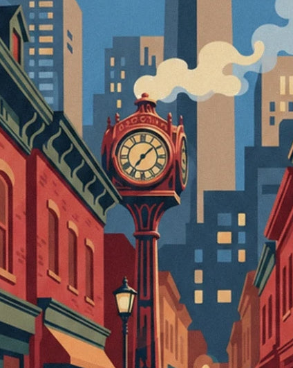 The red Gastown clock and its plume of steam in front of the buildings